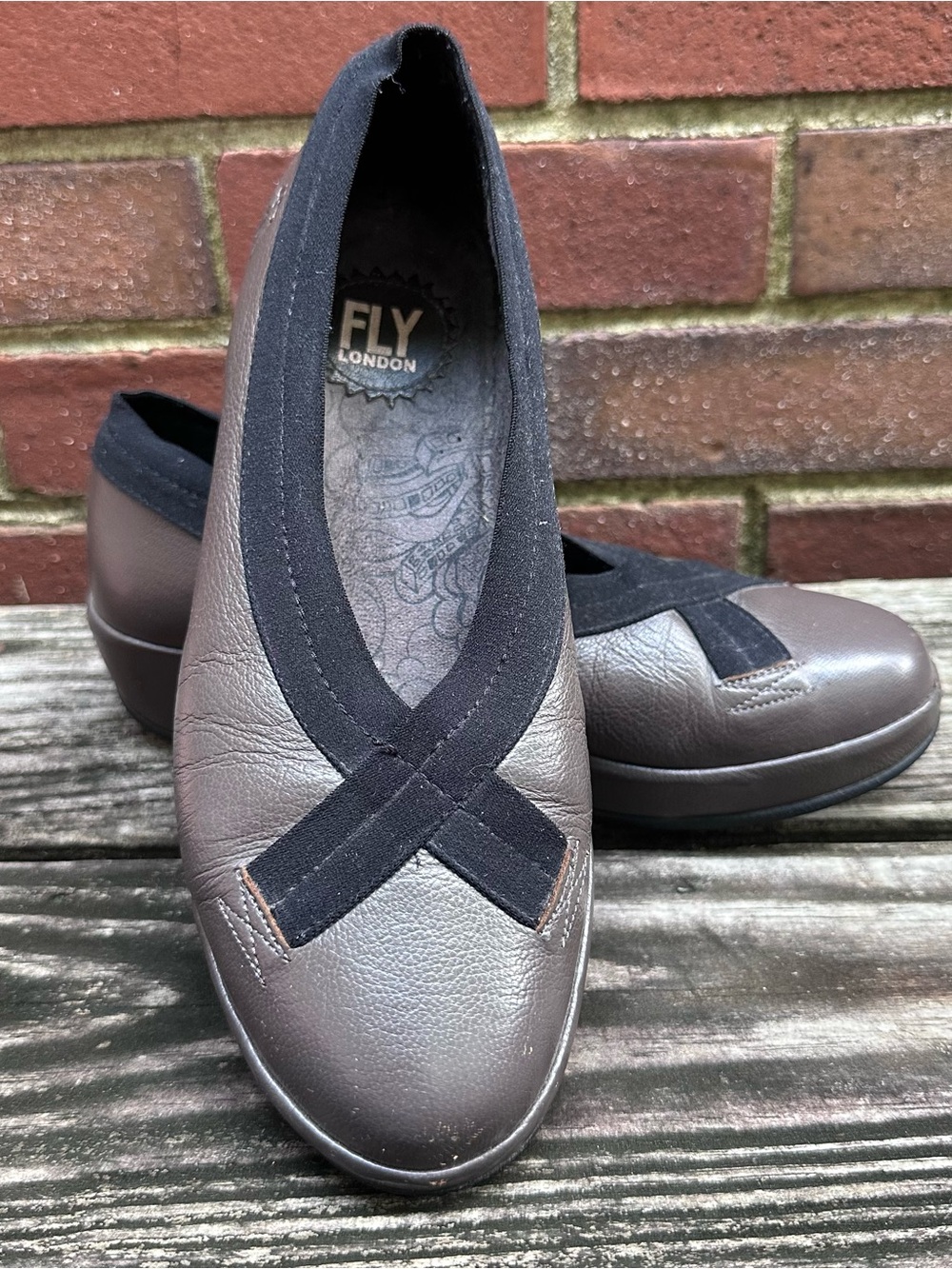 Fly London Taupe Flats with Black Elastic Accent
